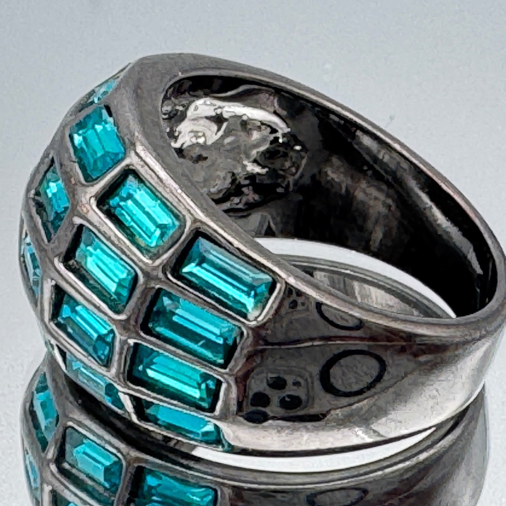 Gunmetal Teal Baguette Crystal Dome Statement Ring Size 8.25 Modern Jewelry 11g